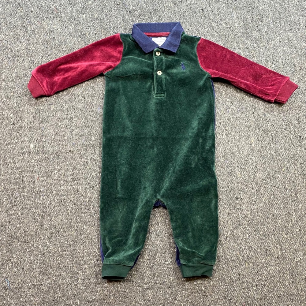 Ralph Lauren Velour Romper Sz 9M Baby Boy Green Red Blue Preppy One Piece Polo